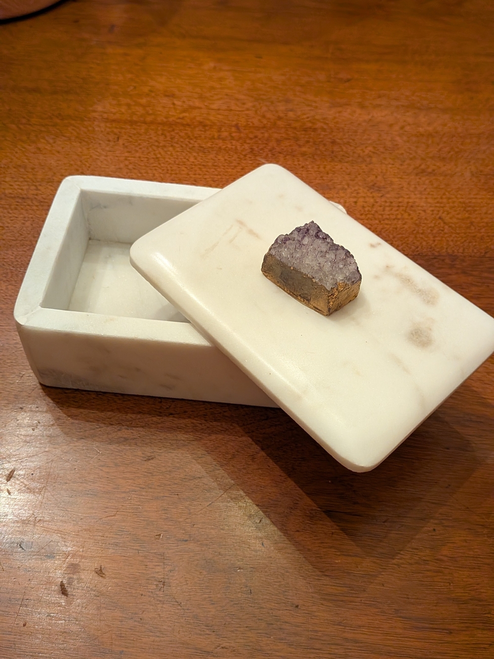 White Marble Decorative Jewelry Box with Amethyst Accent